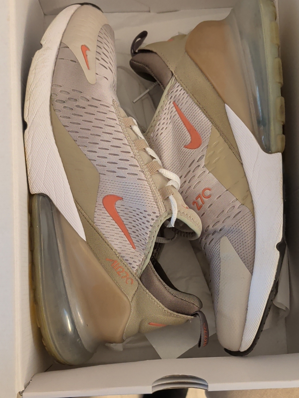 Nike Men's Air Max 270 Sneakers - Beige/Sand with Coral Swoosh Sz 11